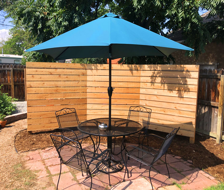 Modern horizontal wood privacy screen wrap around patio with shade in Baker neighborhood in Denver, Colorado.