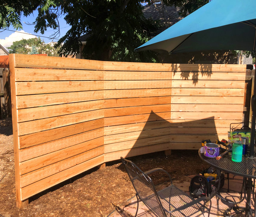 Modern horizontal wood privacy screen wrap around patio in Baker neighborhood in Denver, Colorado.