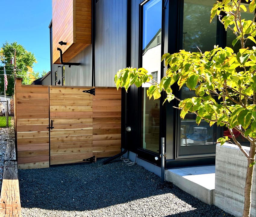modern_horizontal_wood_plank_privacy_fence_gate_denver Horizontal style cedar wood fence gate replacement in Denver, Colorado, near Wash Park